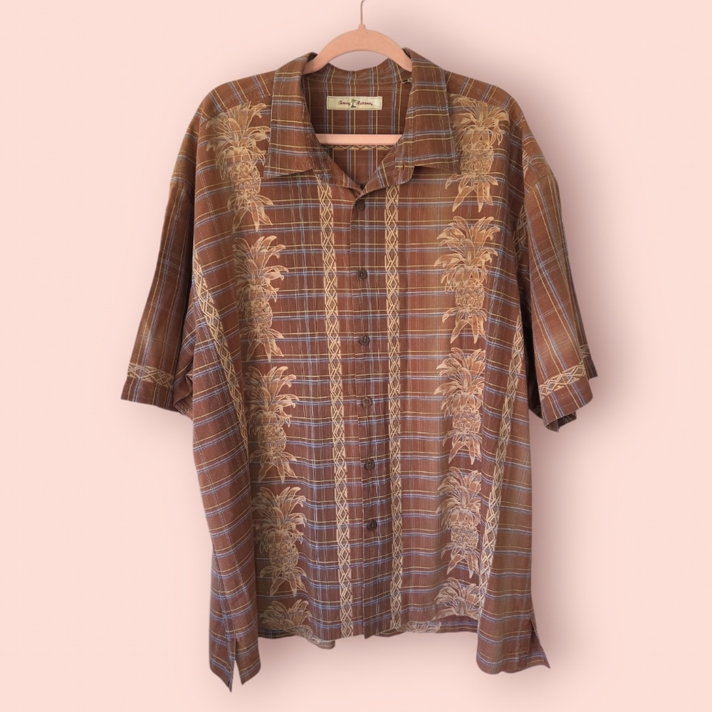 Tommy‎ Bahama Silk Hawaiian Shirt Brown XXL